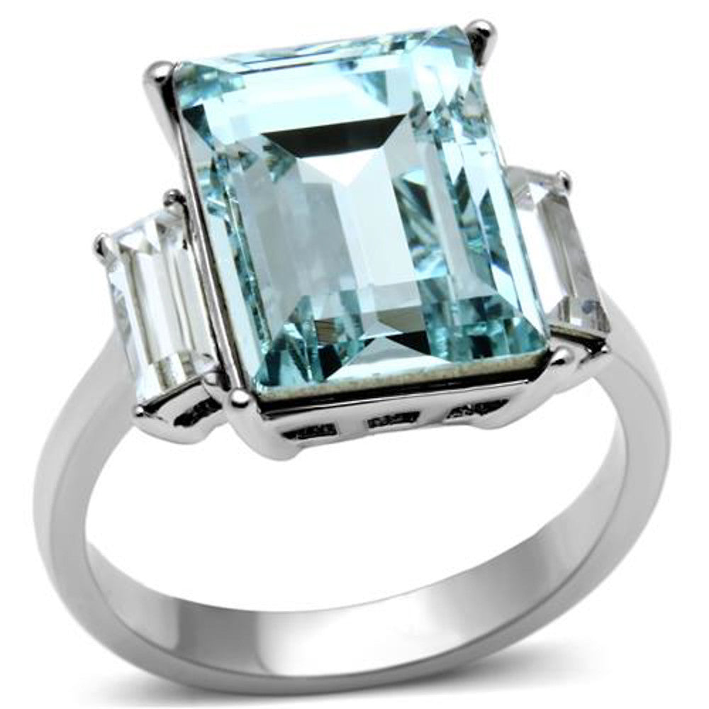 Women's 10.6 Ct Radiant Cut Sea Blue Crystal Stainless Steel Engagement Ring