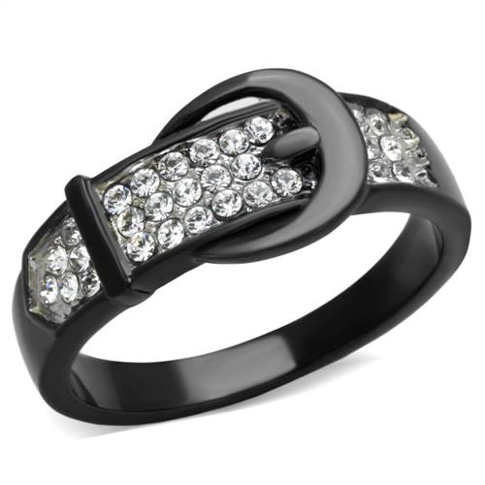 Black Stainless Steel Belt Buckle Round Cut Crystal Fashion Ring Women's Sz 5-10