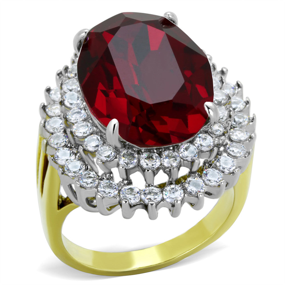 14.5CT SIAM RED OVAL CRYSTAL TWO TONED STAINLESS STEEL 316 COCKTAIL RING SZ 5-10