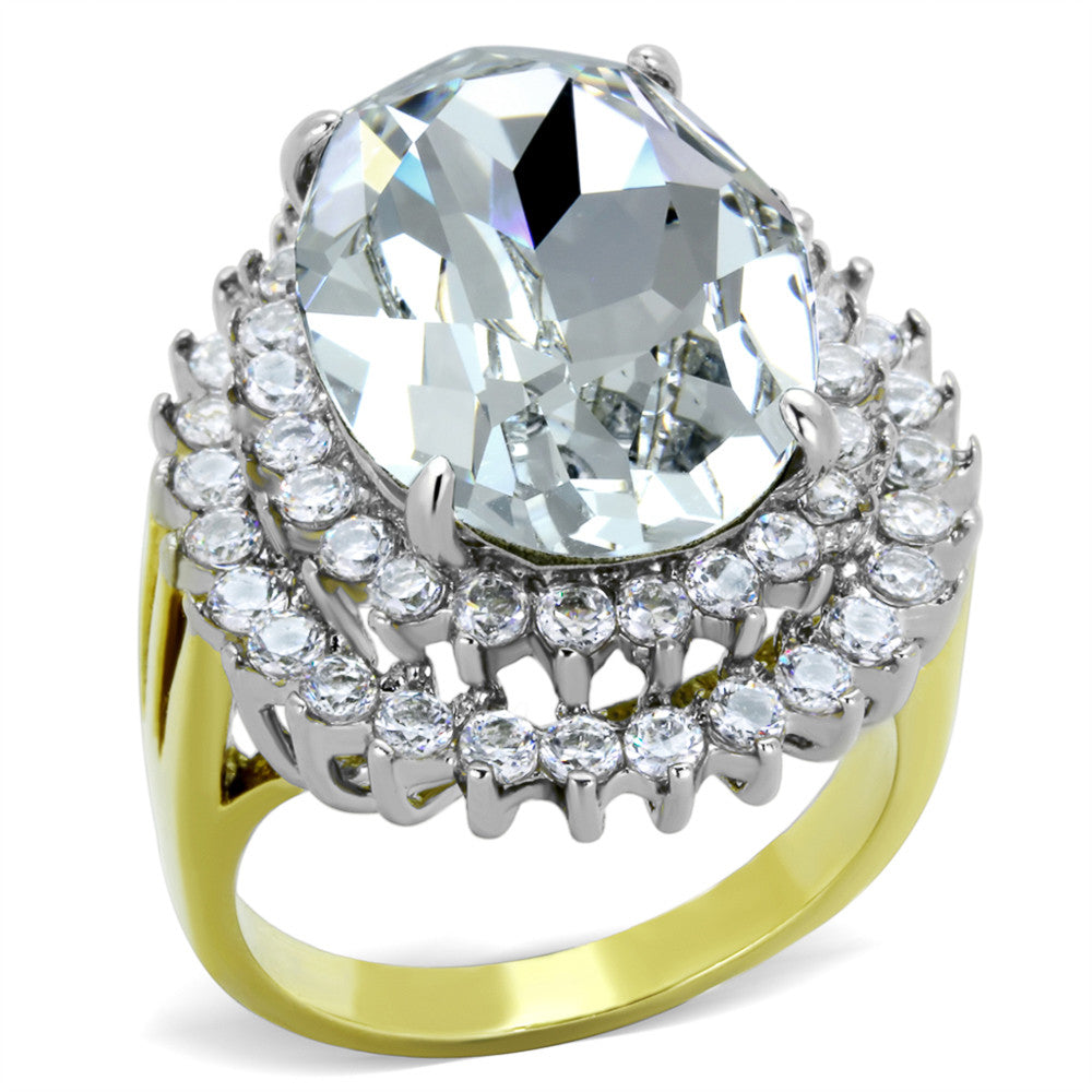 14.5 CT CLEAR OVAL CRYSTAL TWO TONED STAINLESS STEEL 316 COCKTAIL RING SIZE 5-10