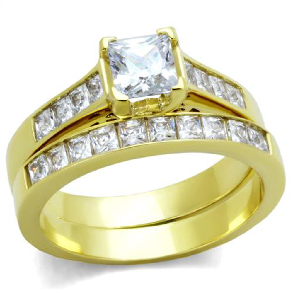 ST1895-ARH1659 His & Her 14K G.P. Stainless Steel 2.50 Ct Bridal Ring Set & Men's Spinner Band