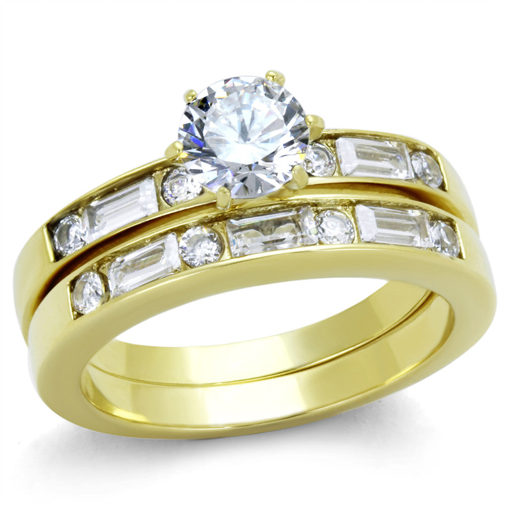 ARTK1897 Stunning 1.75 Ct Round Cut With Baguettes CZ Stainless Steel 14k Gold IP Wedding Ring Set Size 5-10