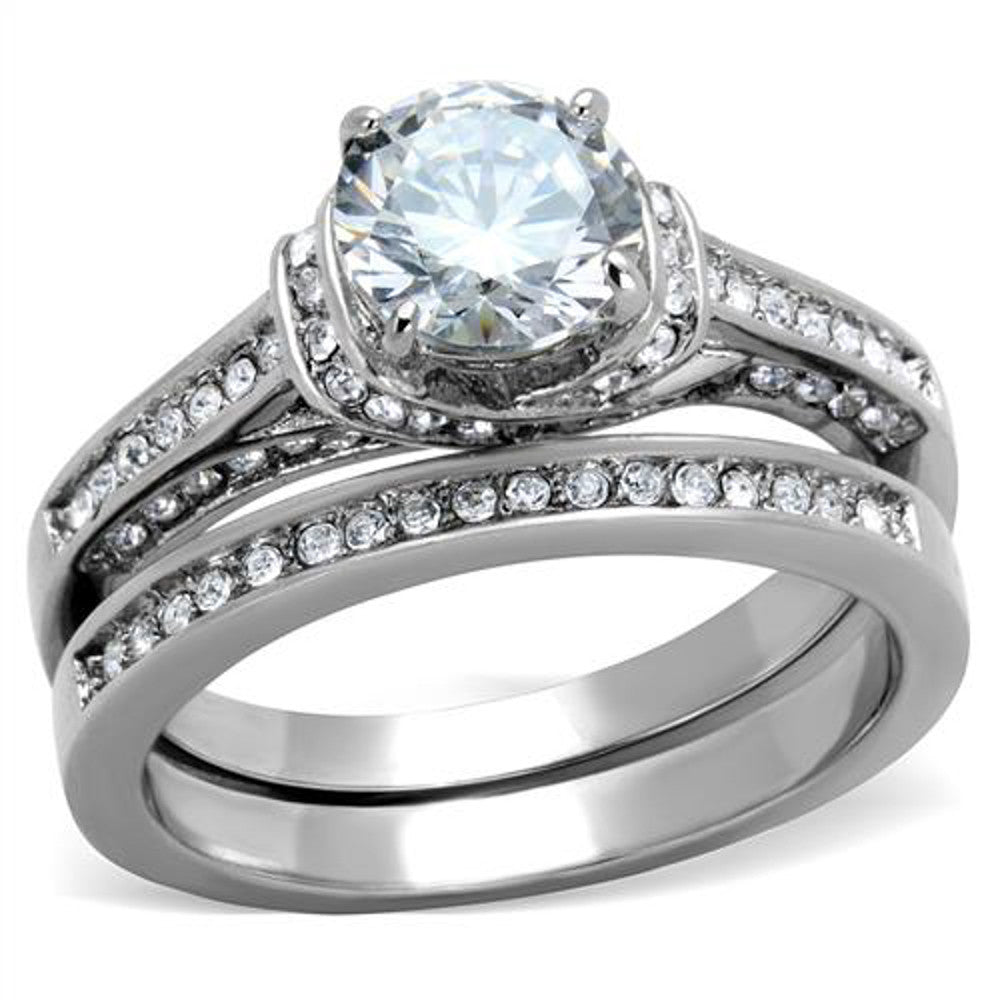 ST1919-ARTI4317 His & Her Stainless Steel 2.75 Ct Cz Bridal Set & Men's Titanium Wedding Band
