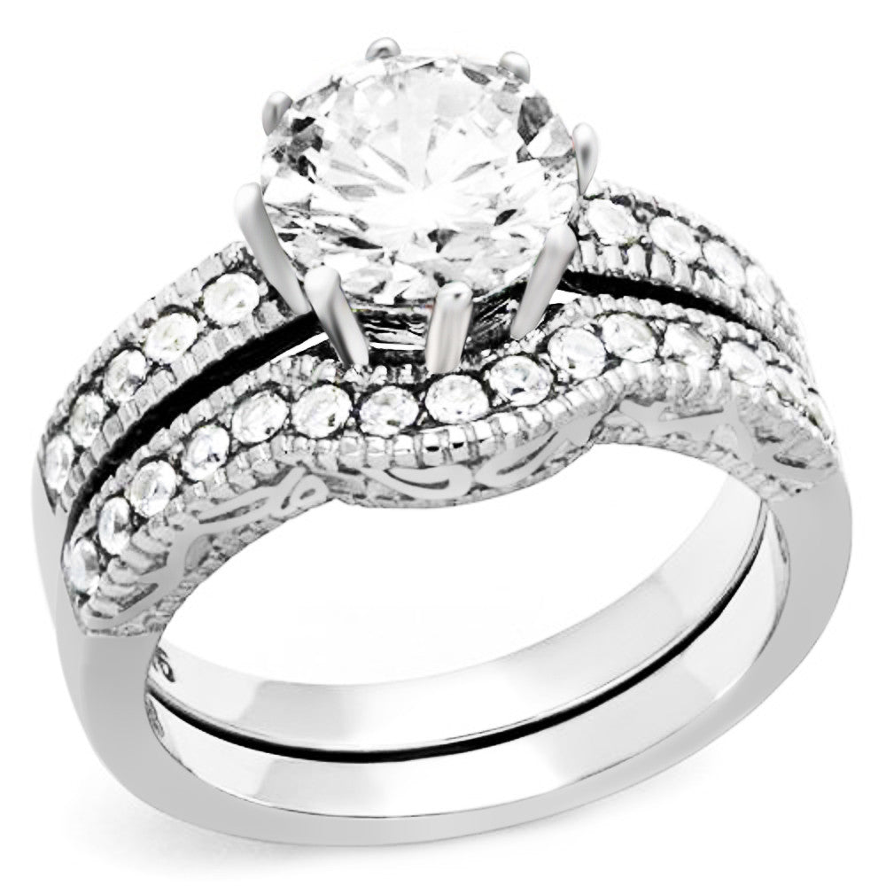 ST1W007-ARTI4317 His & Her 3pc Stainless Steel Vintage Bridal Ring Set & Titanium Wedding Band