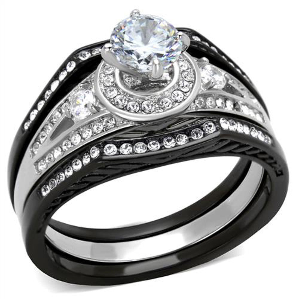 ST2044-ARTI4317 His & Her 4pc Black & Silver Stainless Steel & Titanium Wedding Ring Band Set