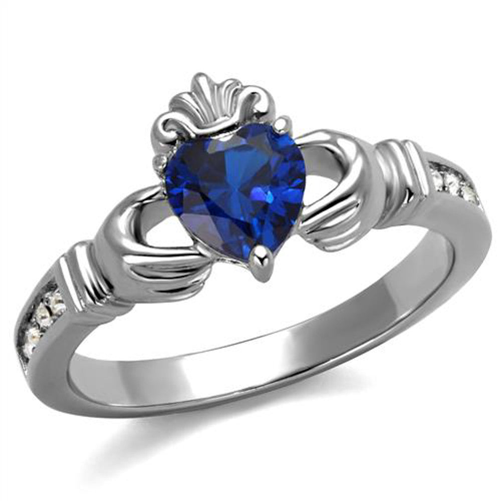 Heart Shape London Blue CZ Stainless Steel Irish Claddagh Ring Women's Size 5-10