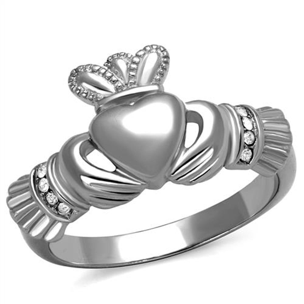 Stainless Steel Irish Claddagh Crystal Promise Fashion Ring Women's Size 5-10