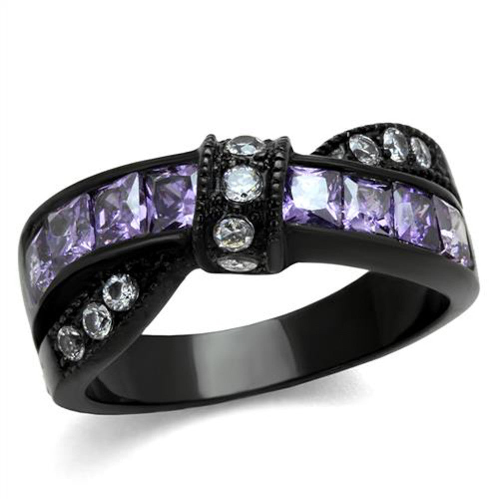 Stainless Steel 1.75 Ct Amethyst & Clear Zirconia Black Fashion Ring Size 5-10