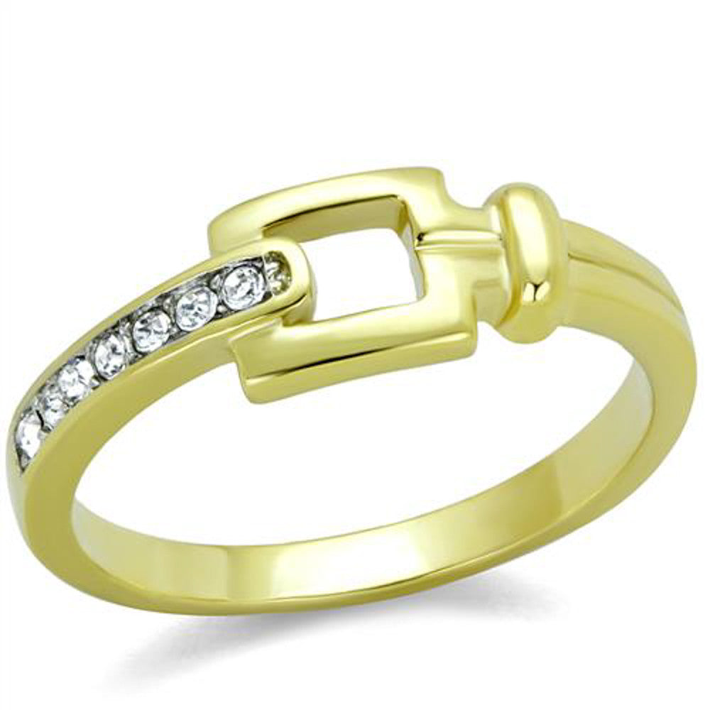 14k Gold Ion Plated Stainless Steel Buckle & Crystal Fashion Ring Womens Sz 5-10