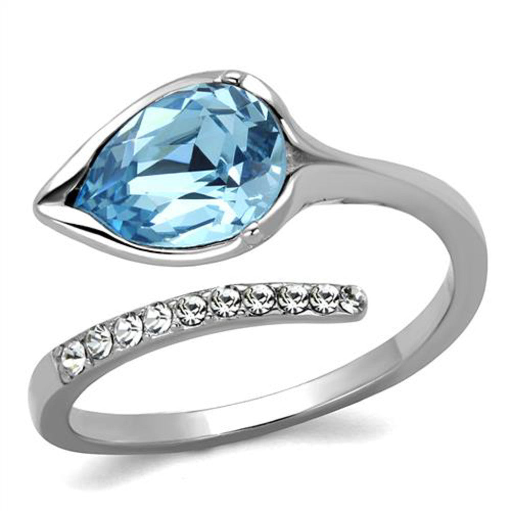 Women's 1.95 Ct Pear Cut Sea Blue Crystal Stainless Steel Cocktail Ring Sz 5-10