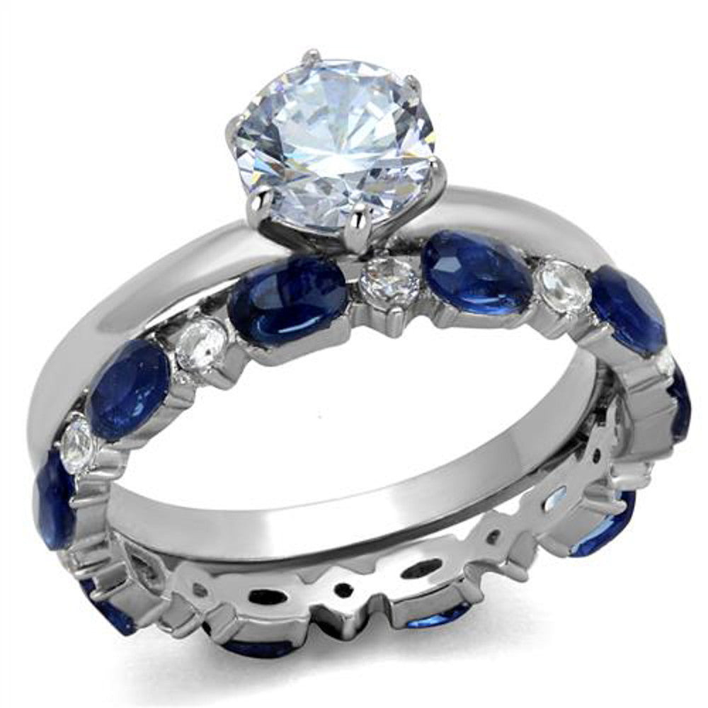 ARTK2175 Stainless Steel 2.25 Ct Round Cut Clear & Blue CZ Wedding Set Women's Size 5-10