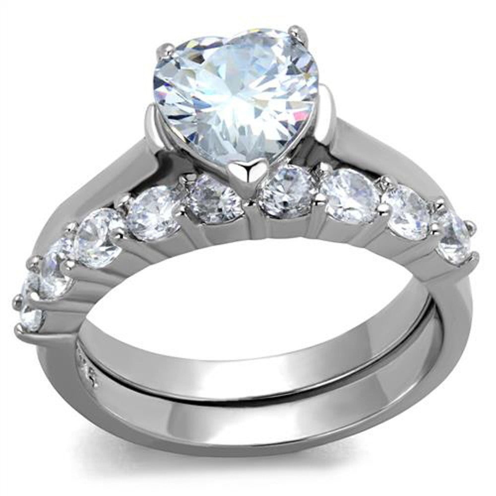 ST2176-AR001 His & Her 3pc Stainless Steel 2.70 Ct Cz Bridal Set & Men's Classic Wedding Band