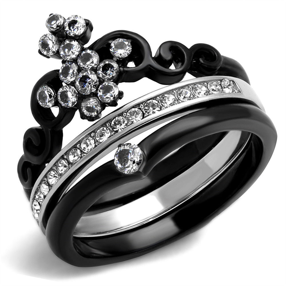 Women's Black Ion Plated Stainless Steel CZ Crown Wedding Ring Band Set Size 5-10