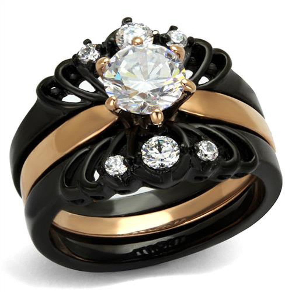 Women's Rose Gold & Black Stainless Steel AAA CZ Wedding Ring Band Set