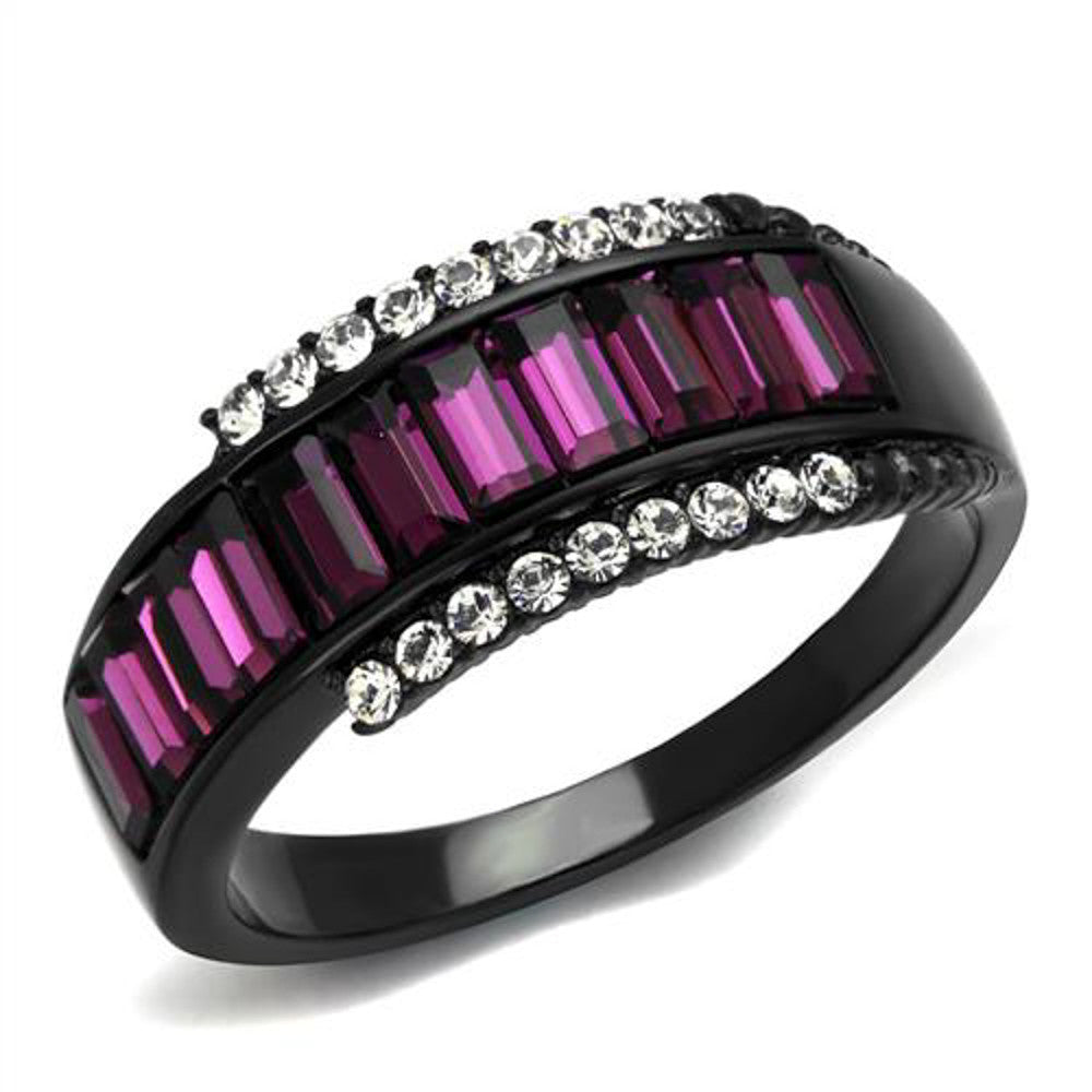 1.9 Ct Amethyst & Clear Crystal Black Stainless Steel Fashion Ring Women Sz 5-10