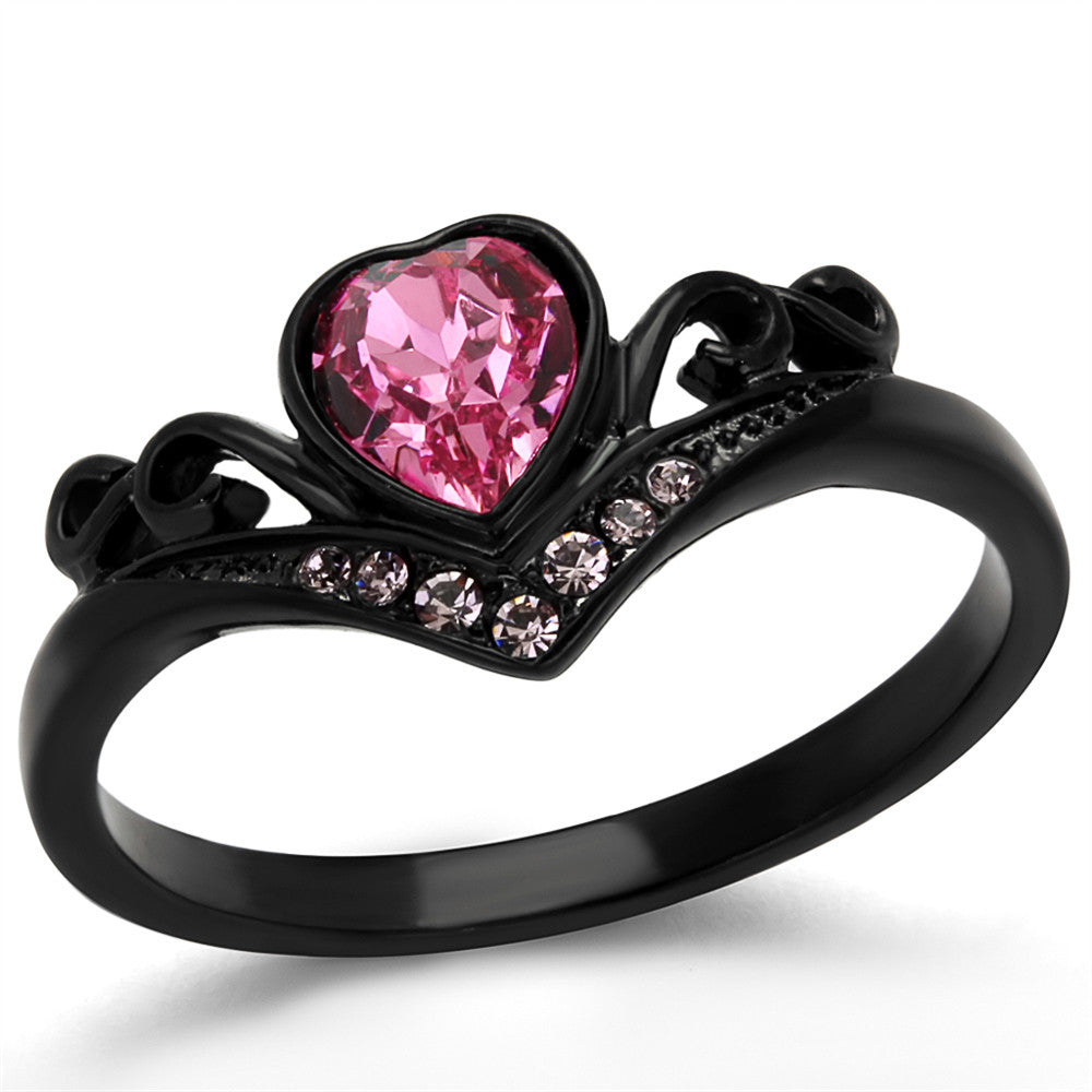 Women's Round Cut Pink Zirconia Black Stainless Steel Heart Fashion Ring Size 5-10