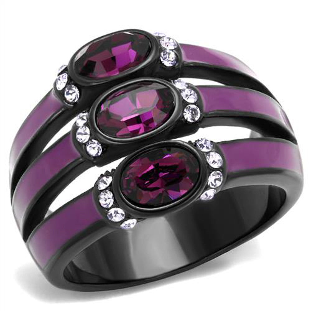 Black & Purple Stainless Steel Amethyst Crystal Fashion Ring Women's Size 5-10