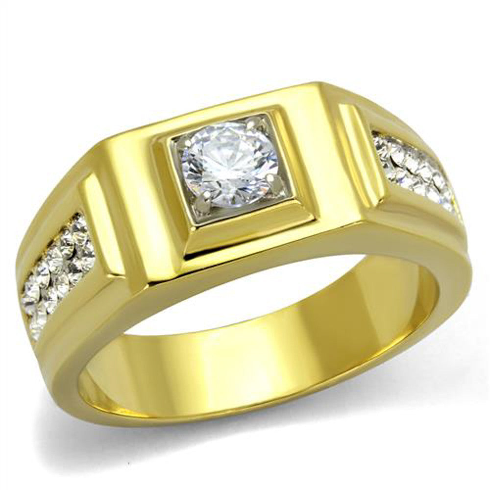 Stainless Steel Men's 1.18 Ct Faux Diamond 14k Gold Ion Plated Ring Sizes 8-13
