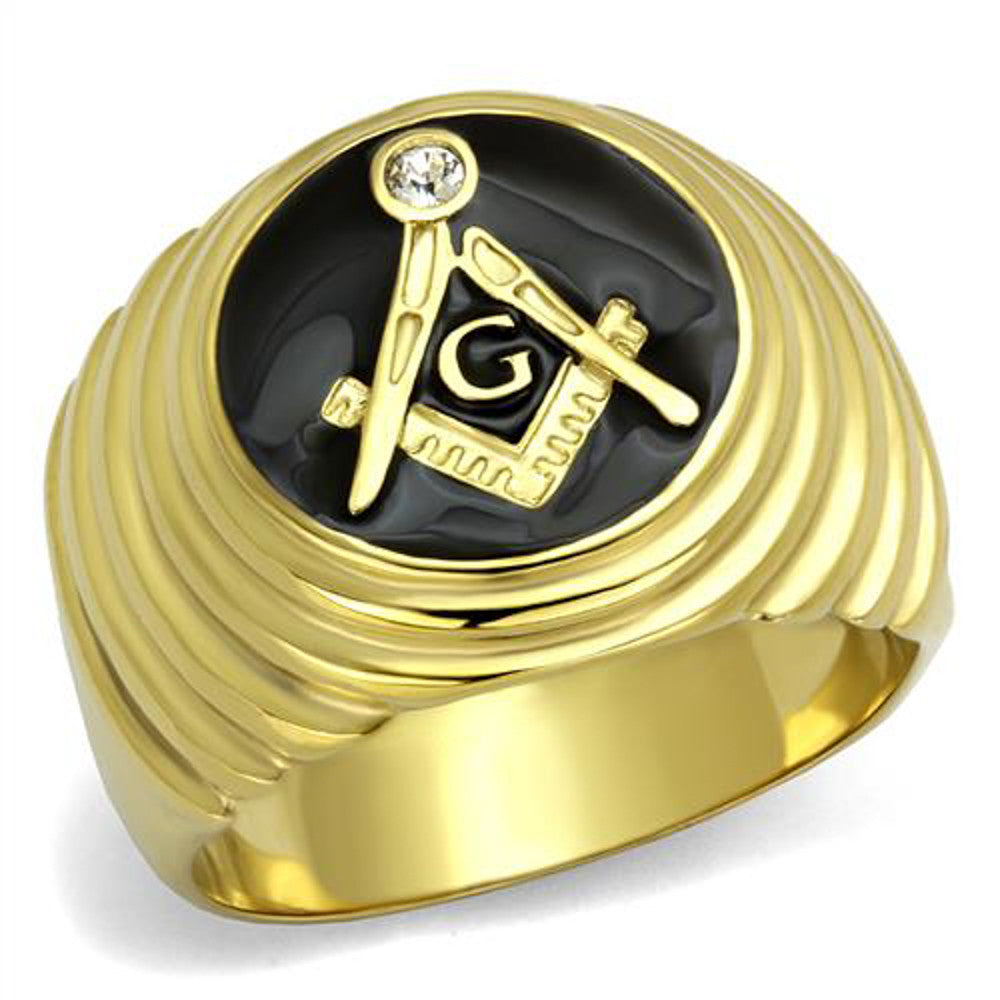 Stainless Steel 14k Gold I.P. Crystal Masonic Lodge Freemason Ring Men's Sz 8-13