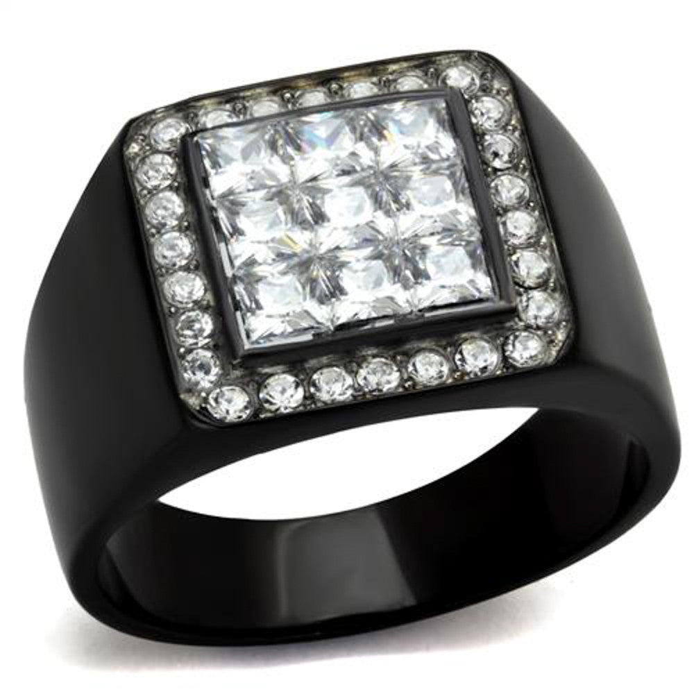 Men's Princess Cut Simulated Diamond Stainless Steel Black Plated Ring Size 8-13