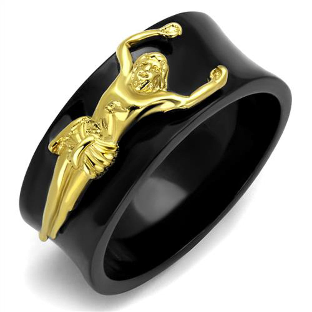 Men's Stainless Steel Black & Gold Plated Jesus Christ Ring Religious Band 8-13