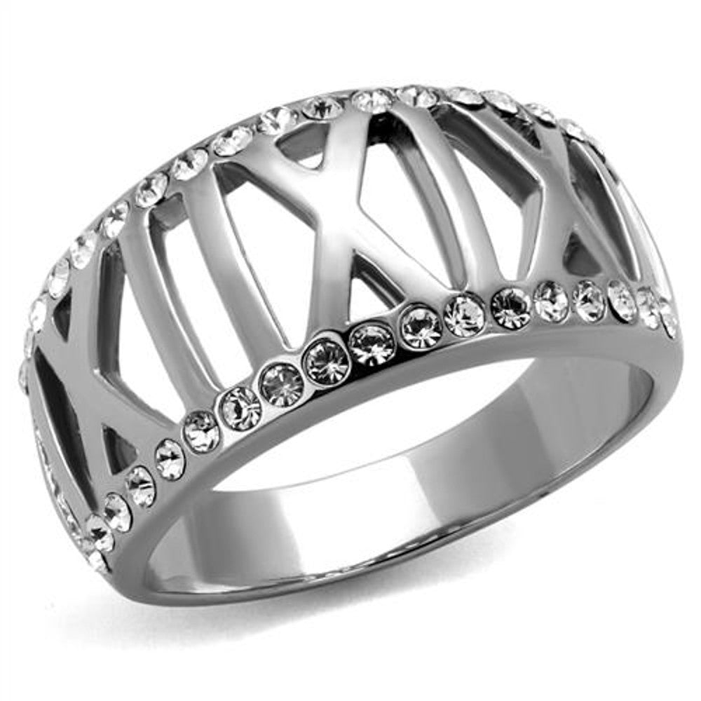 Stainless Steel Roman Numeral Crystal Anniversary Ring Band