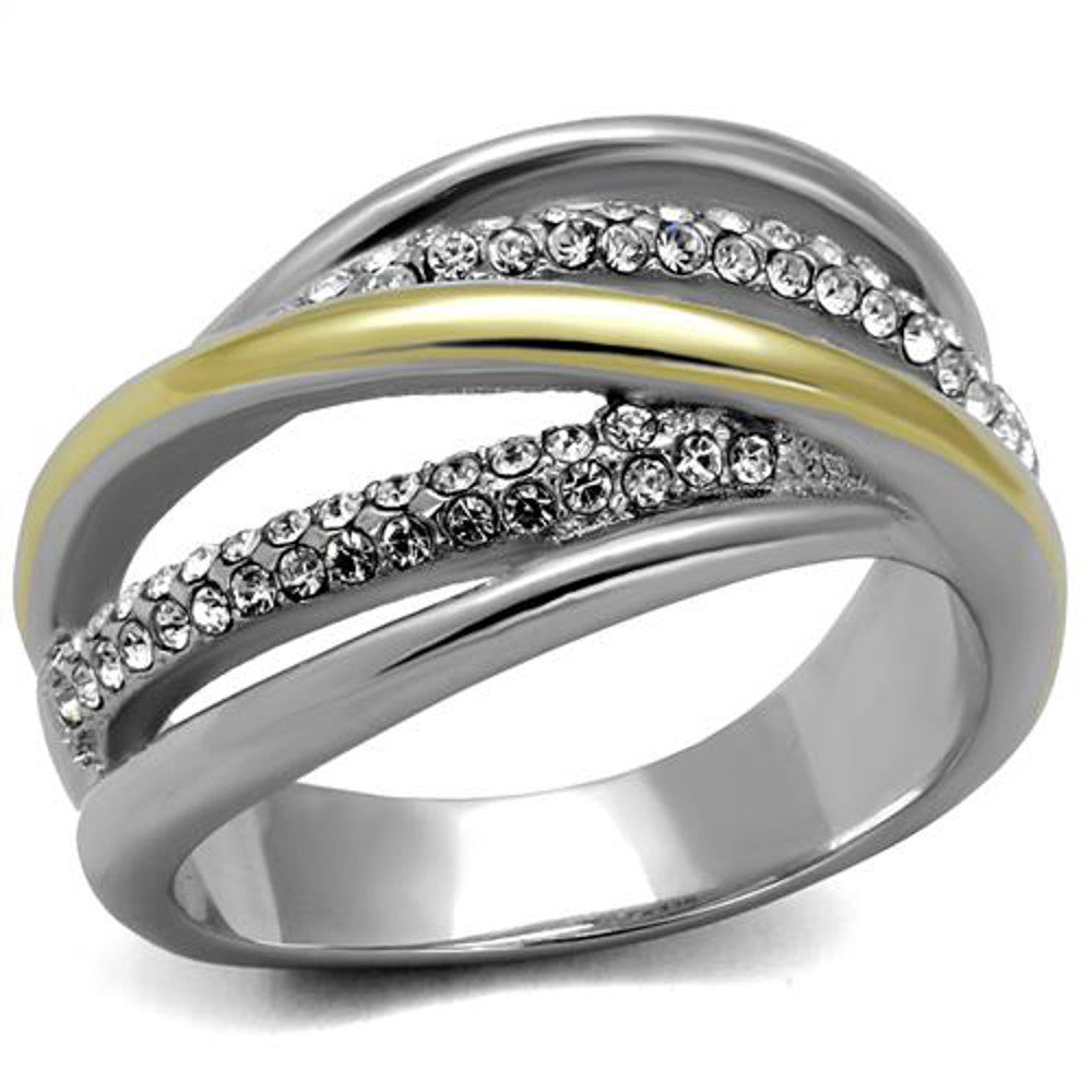 Womens Stainless Steel Two Toned 14k Gold Plated Micro Pave Crystal Fashion Ring