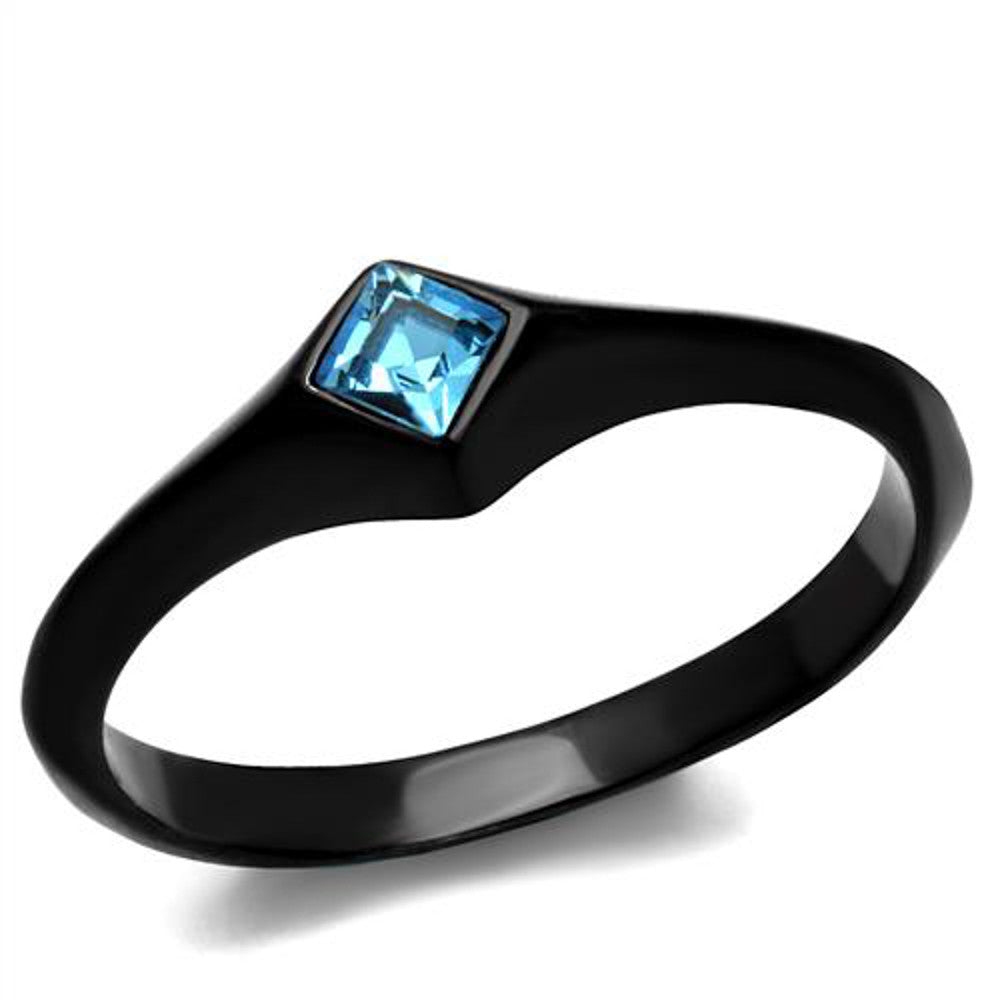 Women's Princess Cut Sea Blue CZ Stainless Steel Black Engagement Ring Size 5-10