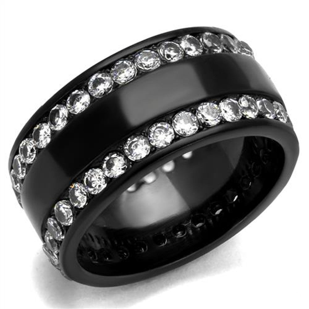 Women's Double Lined Clear Cubic Zirconia Black Stainless Steel Wide Band Ring