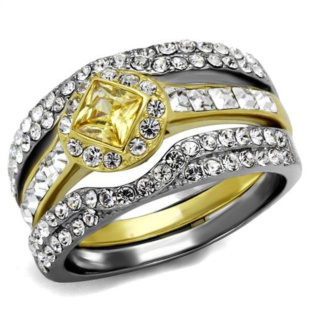 Women's Mulit-Stone Cz Two-Toned Stainless Steel Wedding Ring Band Set Size 5-10