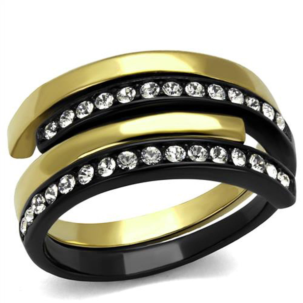 Women's 2 Piece Black & Gold Plated Stainless Steel Crystal Cuff Fashion Ring