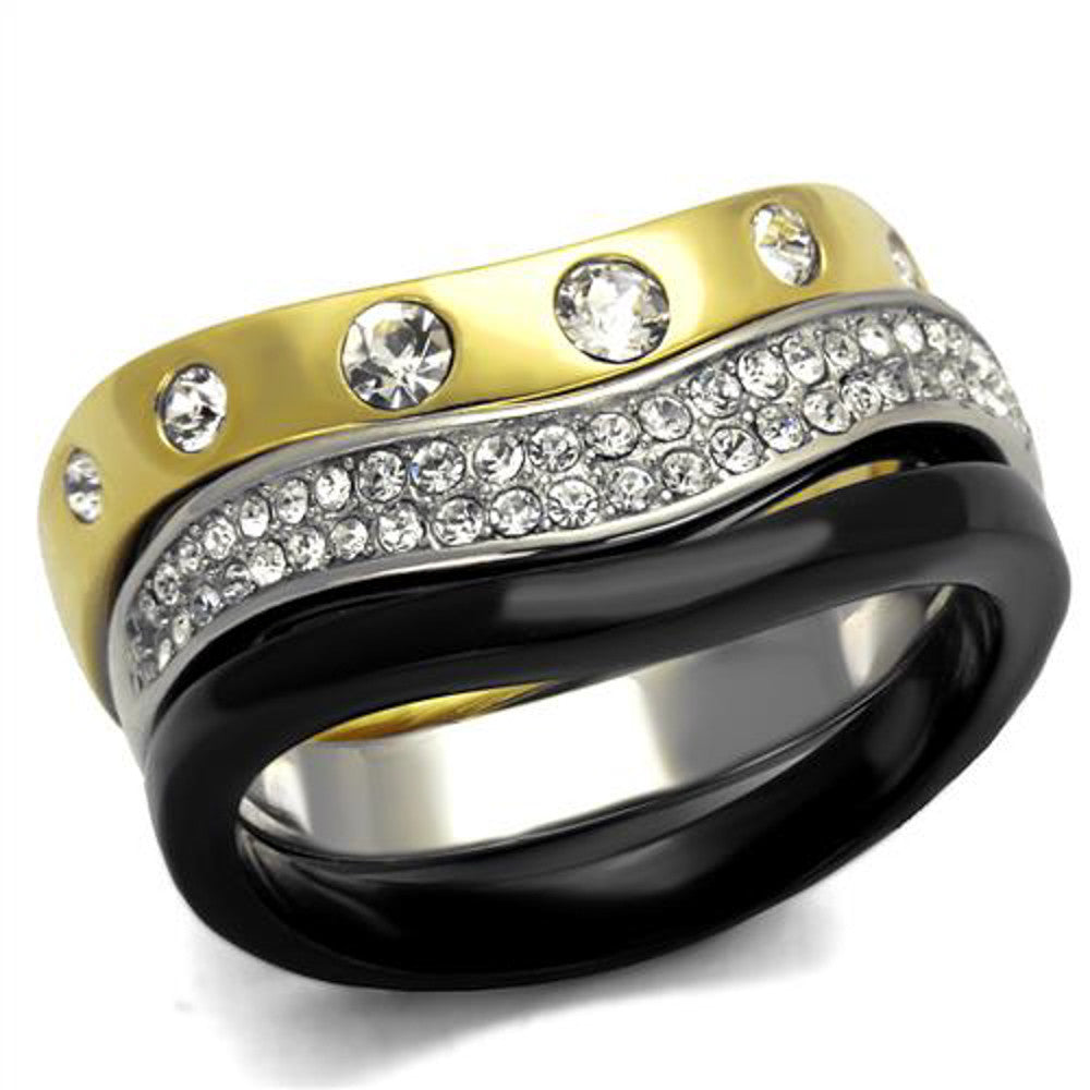 Silver Black & Gold Ion Plated Stainless Steel Crystal Fashion Ring