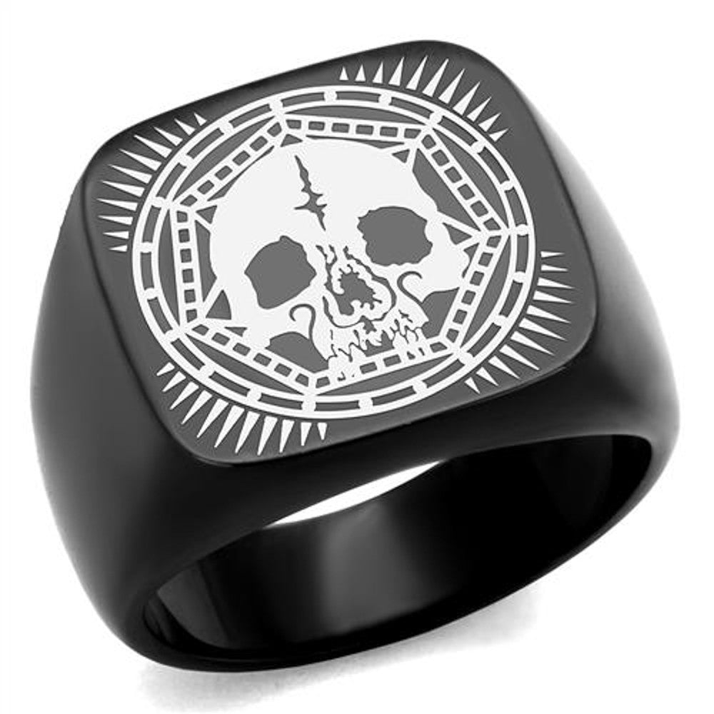 Men's Stainless Steel Black Ion Plated Skull Ring Band Size 8-13