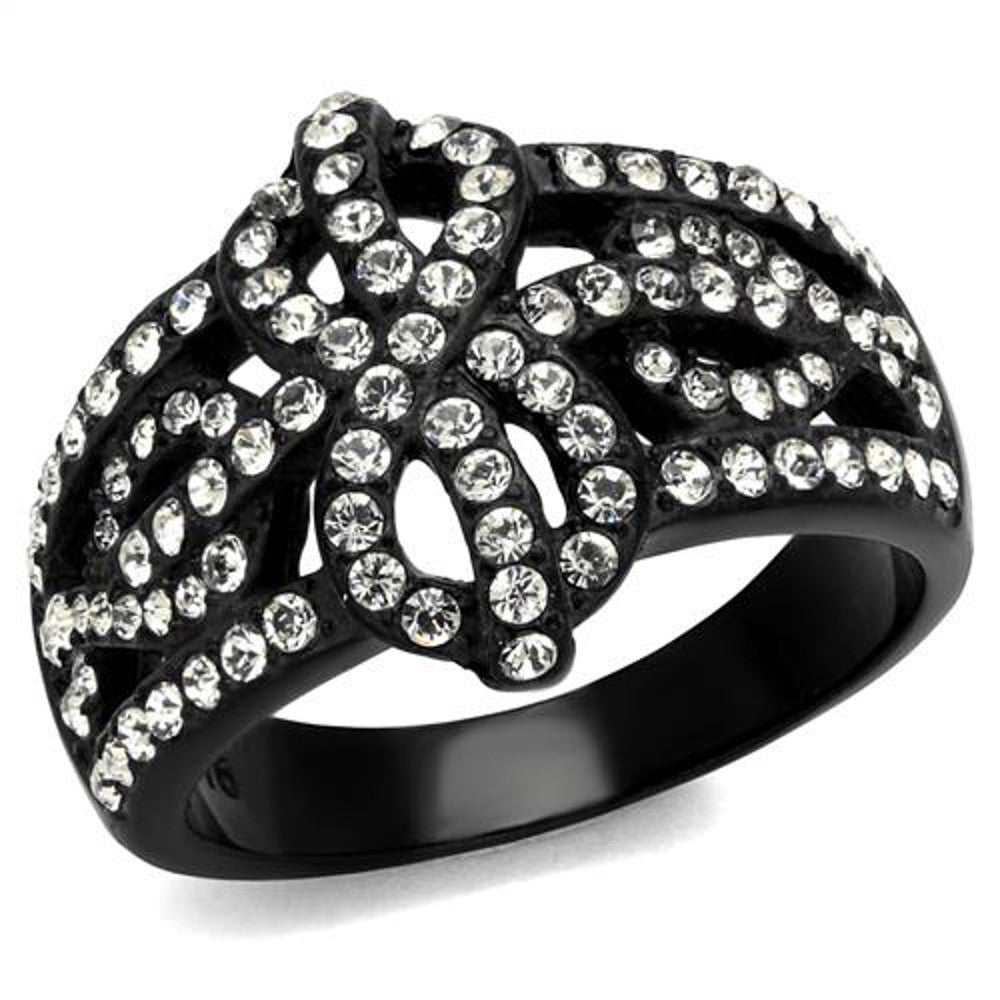 Stainless Steel Black Ion Plated Bow Design Crystal Fashion Ring