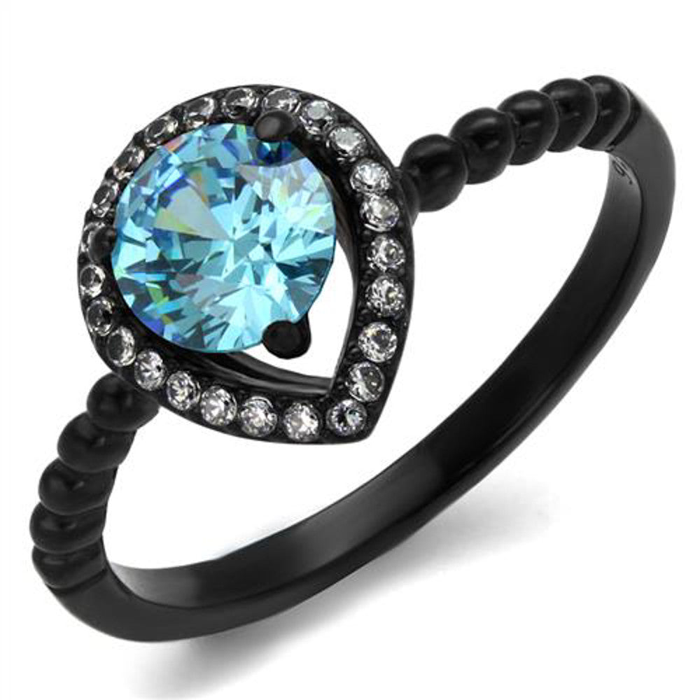 Women's .9 Ct Sea Blue Halo CZ Black Stainless Steel Engagement Ring