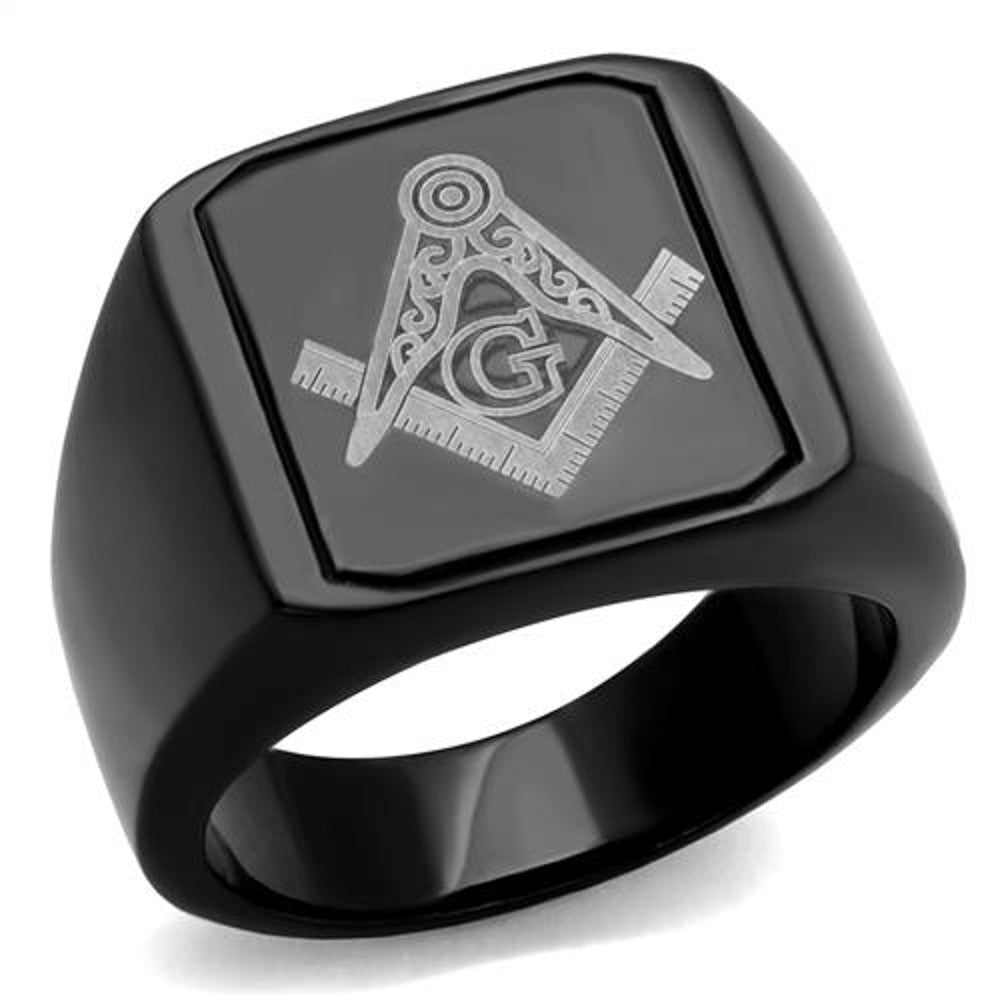 Men's Stainless Steel Black Ion Plated & Enamel Masonic Freemason Ring Size 8-13