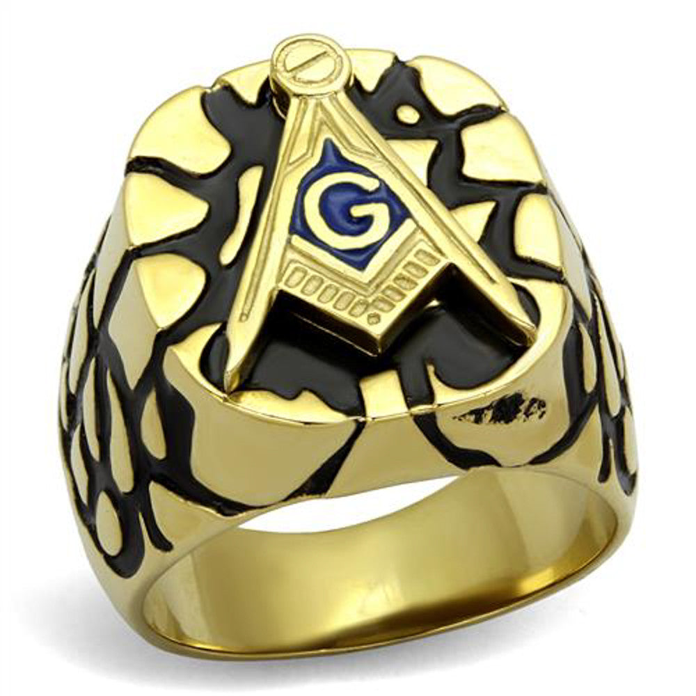 Stainless Steel Gold Plated & Epoxy Masonic Lodge Freemason Ring Men's Size 8-13