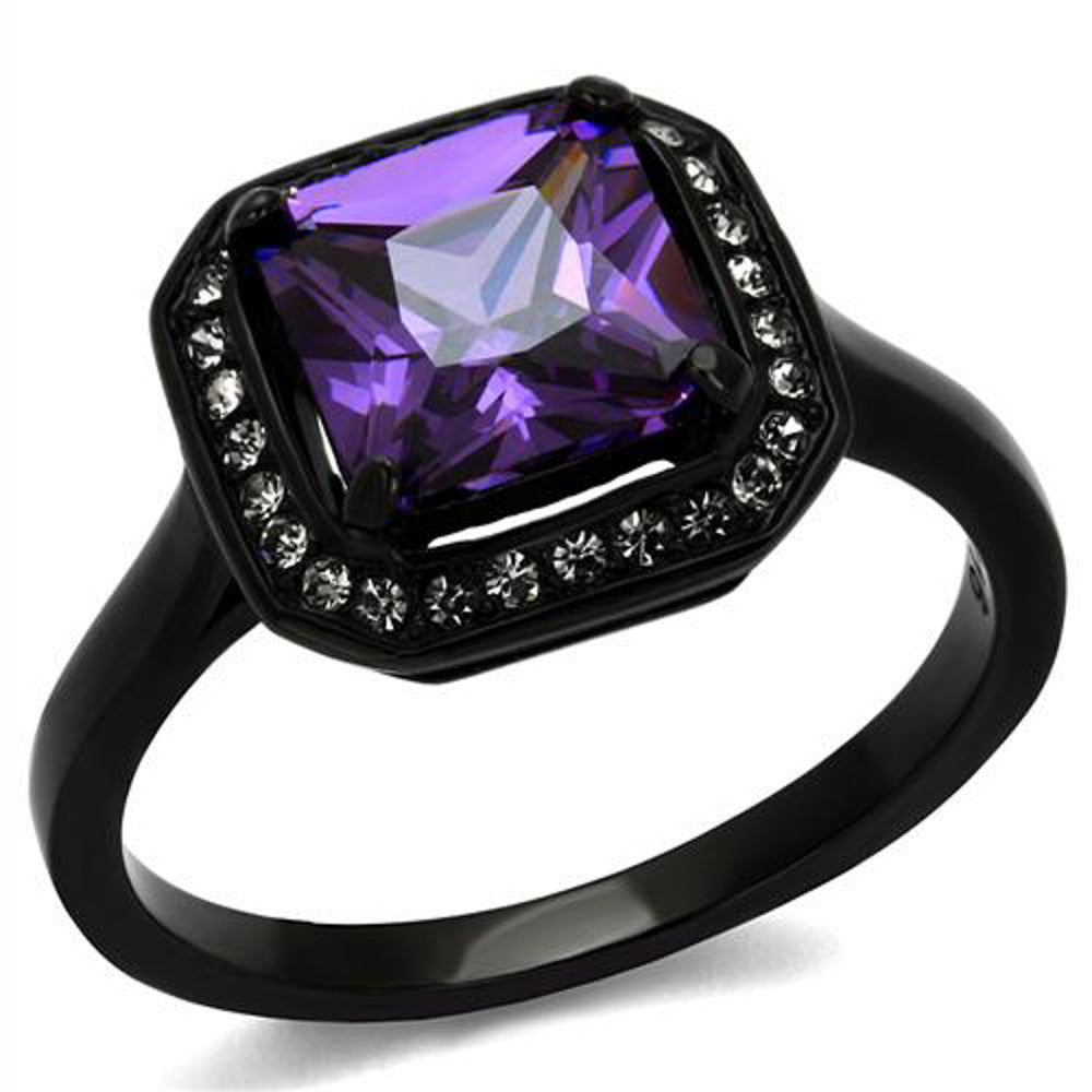 Princess Cut Amethyst Cz Black Stainless Steel Fashion Ring Women's Size 5-10