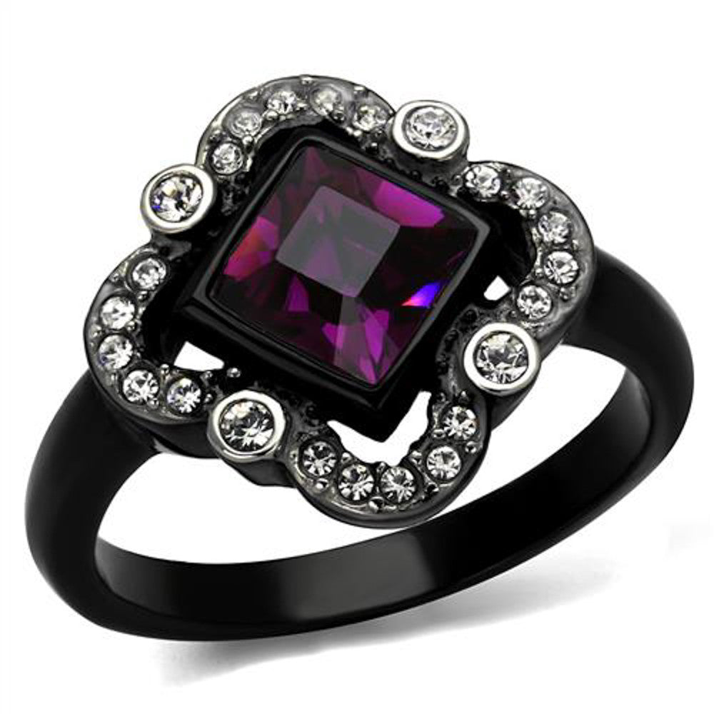 Princess Cut Amethyst Cz Black Stainless Steel Clover Fashion Ring Women's 5-10