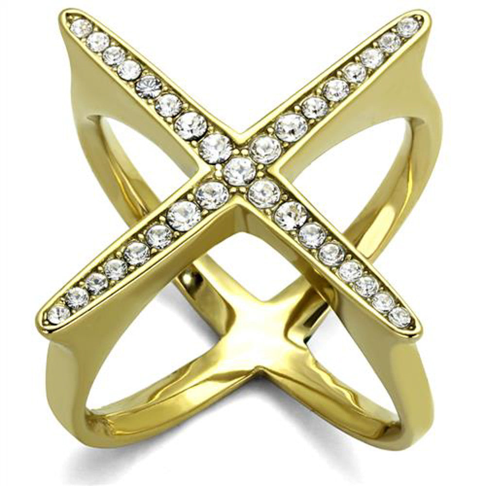 14k Gold Ion Plated Stainless Steel X Shaped Crystal Fashion Ring Womens Sz 5-10