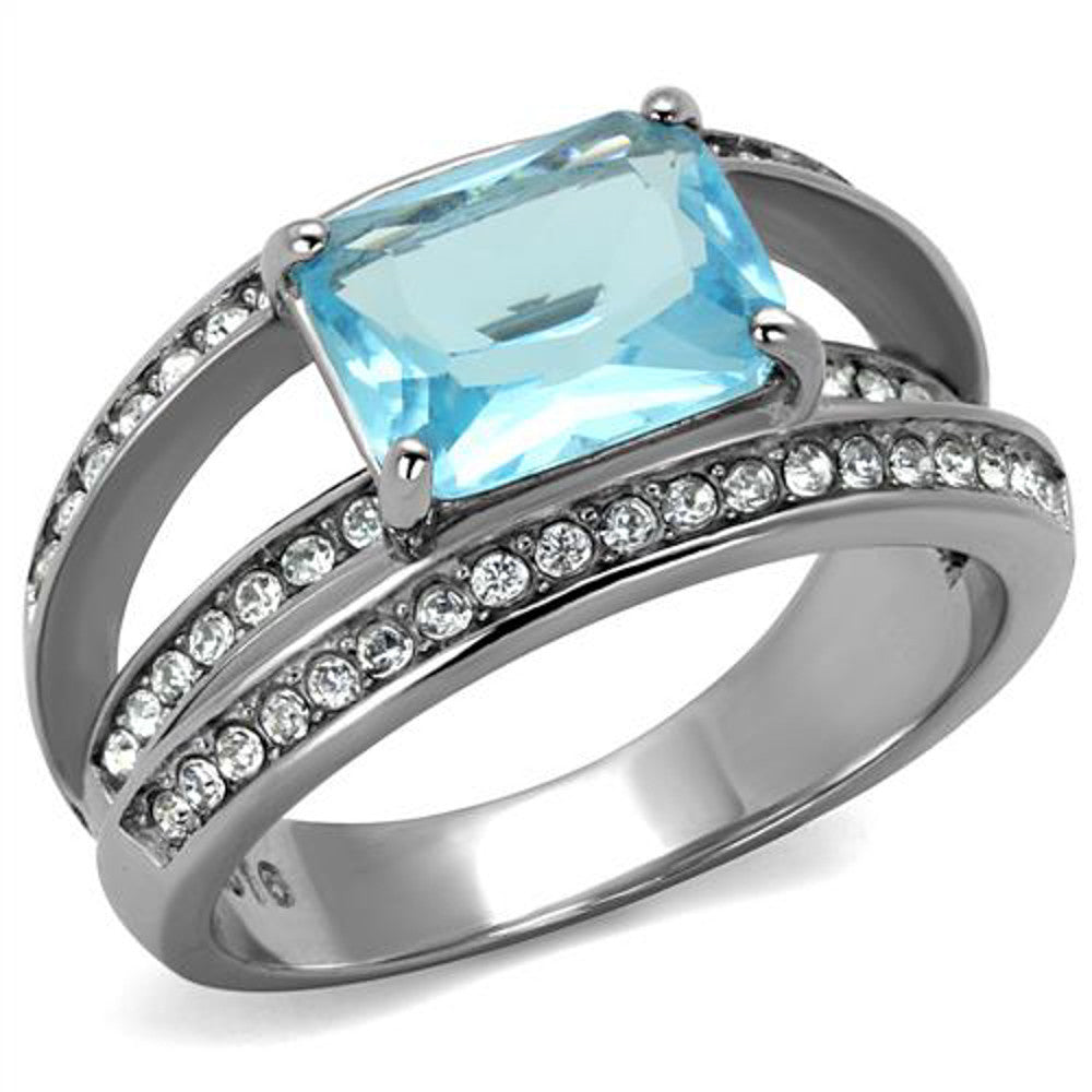 Womens Stainless Steel 4.07Ct Emerald Cut Sea Blue Crystal Cocktail Ring Sz 5-10