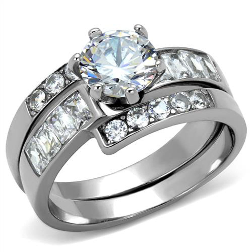 ST2616-ARM0006 His & Her 3pc Stainless Steel 2.50 Ct Cz Bridal Ring Set & Men Beveled Edge Band