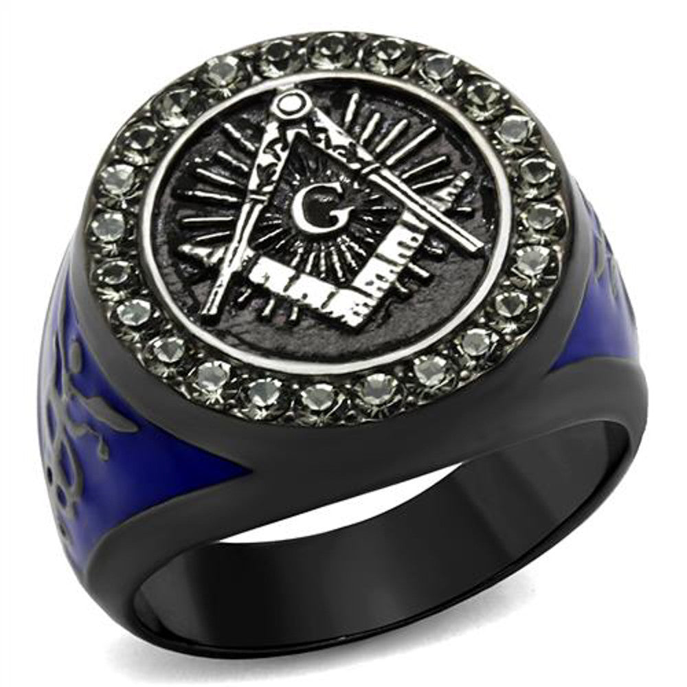 Stainless Steel Black & Blue Ion Plated Crystal Masonic Freemason Ring Sz 8-13