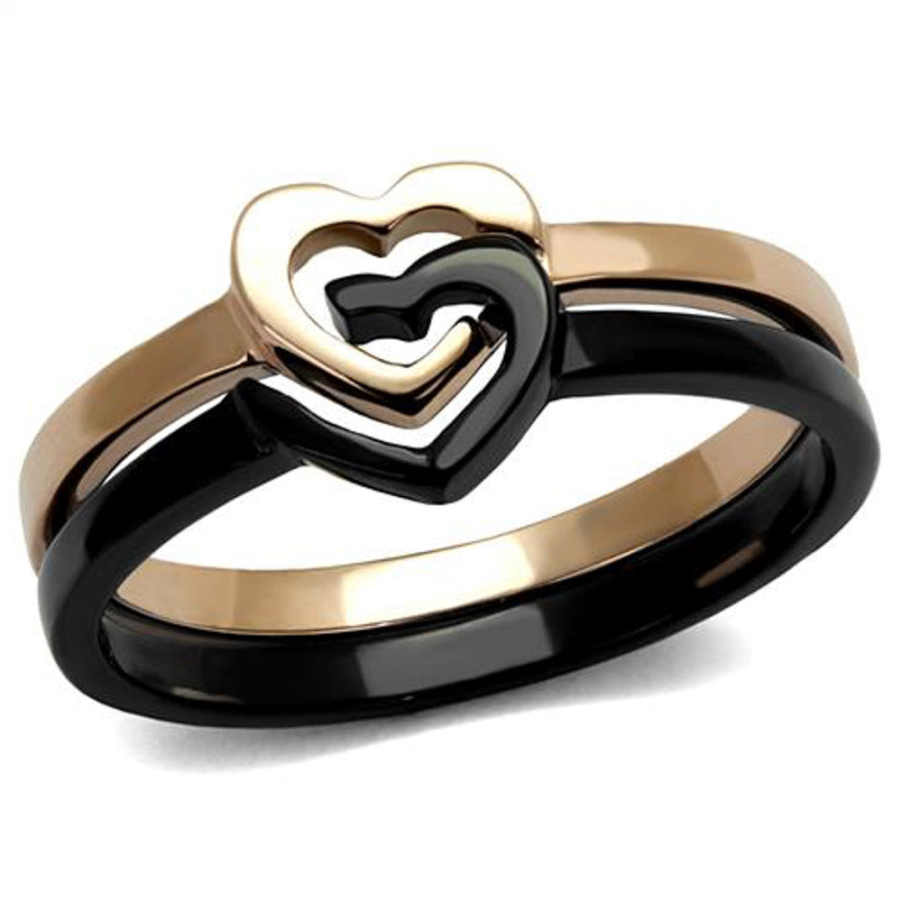 Stainless Steel Black & Rose Gold Ion Plated 2 Piece Heart Fashion Ring Sz 5-10