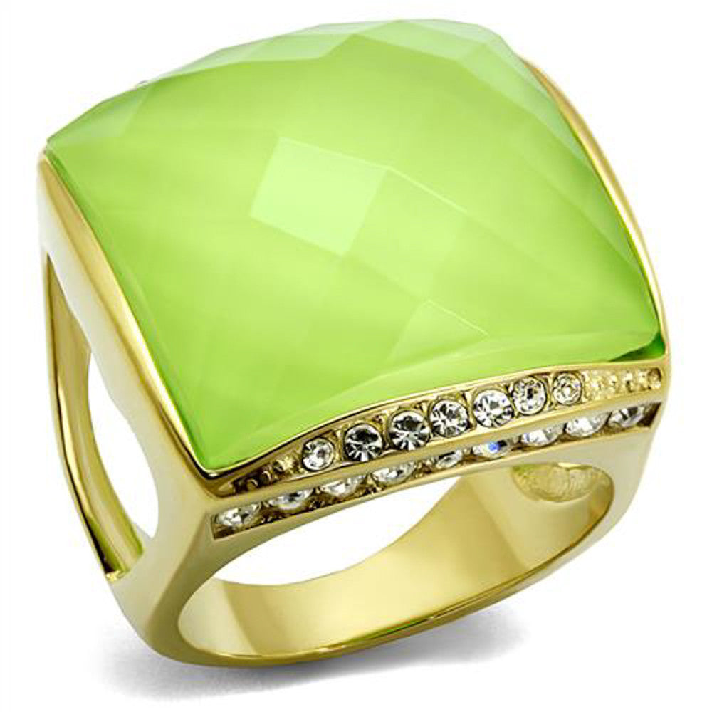 Gold Ion Plated Stainless Steel 20mm Apple Green Synthetic Stone Cocktail Ring