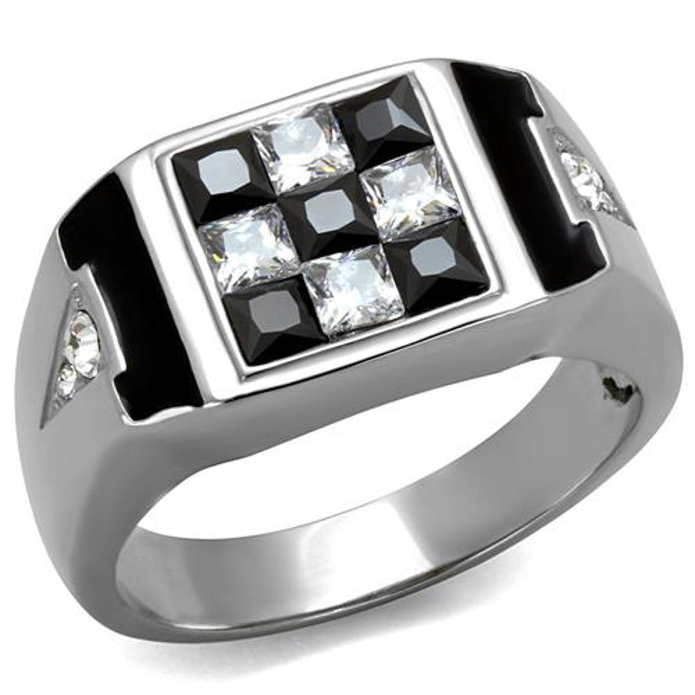 Men's 2.56 Ct Clear & Black Princess Cut CZ Stainless Steel Fashion Ring Sz 8-13