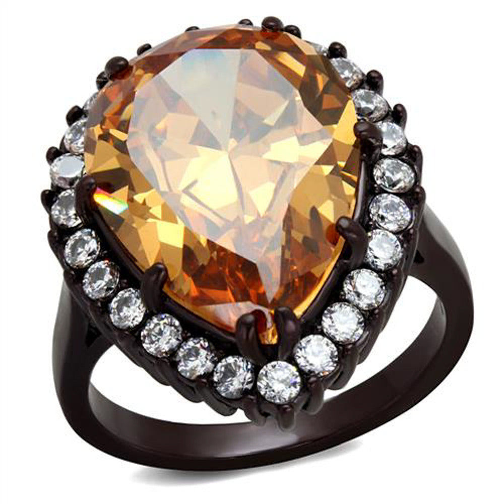 Women's Dark Brown Stainless Steel 10.96 Ct Pear Cut Champagne CZ Cocktail Ring