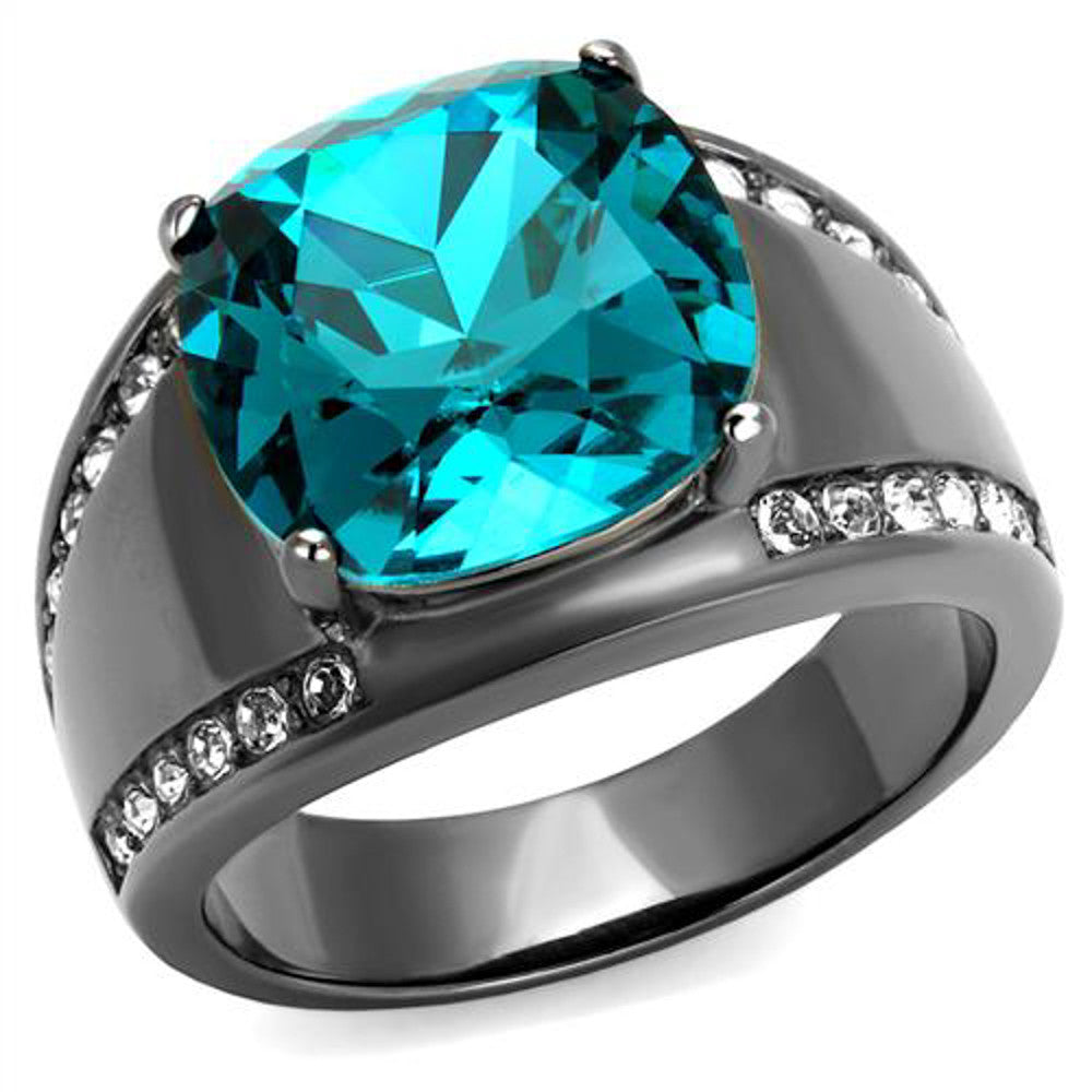 Women's Light Black Stainless Steel 7.2 Ct Blue Zircon Crystal Cocktail Ring