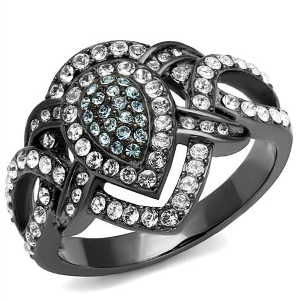 Light Black Stainless Steel Clear & Aqua Crystal Cocktail Ring Women's Size 5-10
