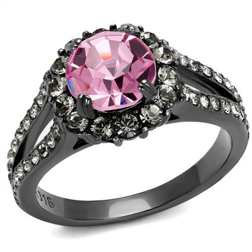 Light Black Stainless Steel 2.87 Ct Light Rose Crystal Halo Engagement Ring